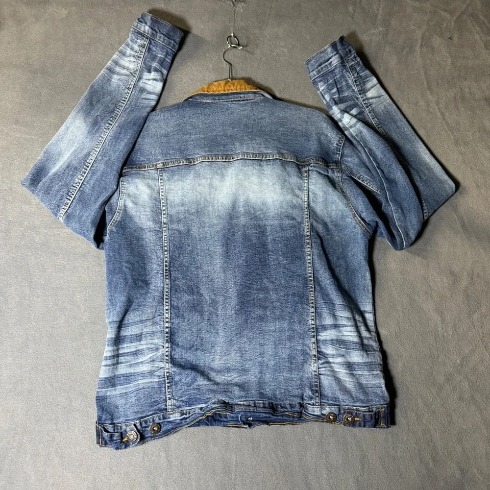 AHP Mens XL Blue Denim Trucker Jacket Corduroy Collar Sandblasted Stretch Cotton